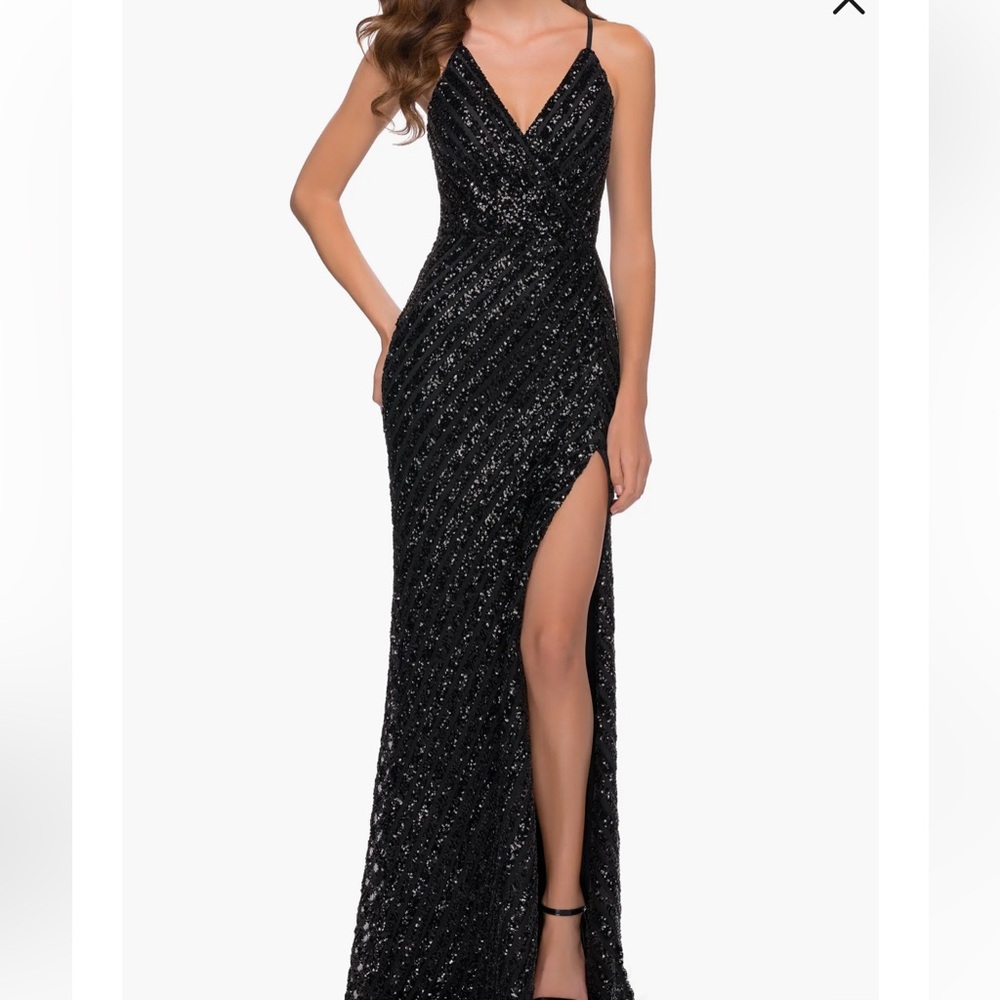 La Femme Black Sequin Backless Dress